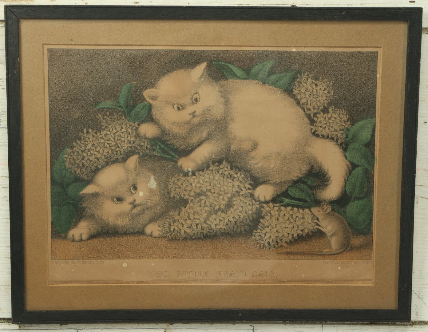 Lot 039 - Antique Hand Colored Lithograph Entitled "Two Little Fraid Cats" Featuring Two White Cats Afraid Of A Mouse, Published By Currier & Ives, 15-3/4" x 12-1/4"