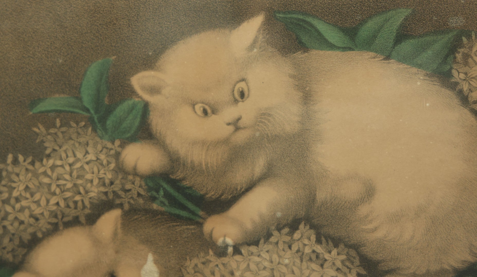 Lot 039 - Antique Hand Colored Lithograph Entitled "Two Little Fraid Cats" Featuring Two White Cats Afraid Of A Mouse, Published By Currier & Ives, 15-3/4" x 12-1/4"