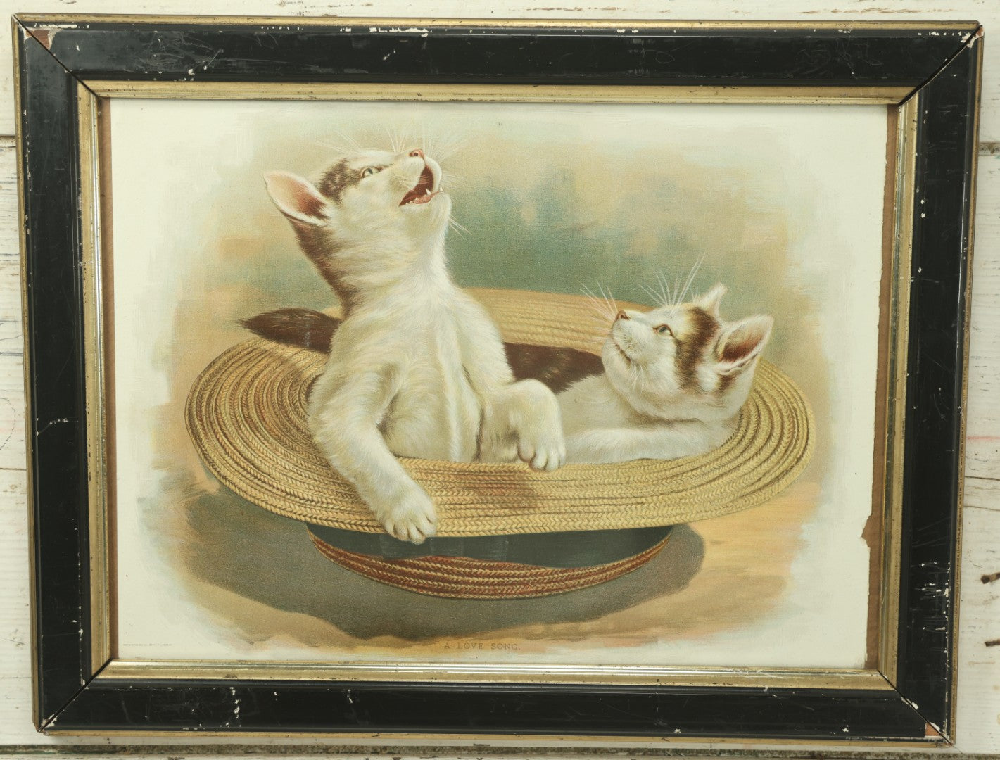 Lot 040 - Antique Chromolithograph Entitled "A Love Song" Featuring Two White Cats In A Hat, Copyright 1894 By J. Ottmann Lithograph Company, New York, 17-1/2" x 13-3/8"