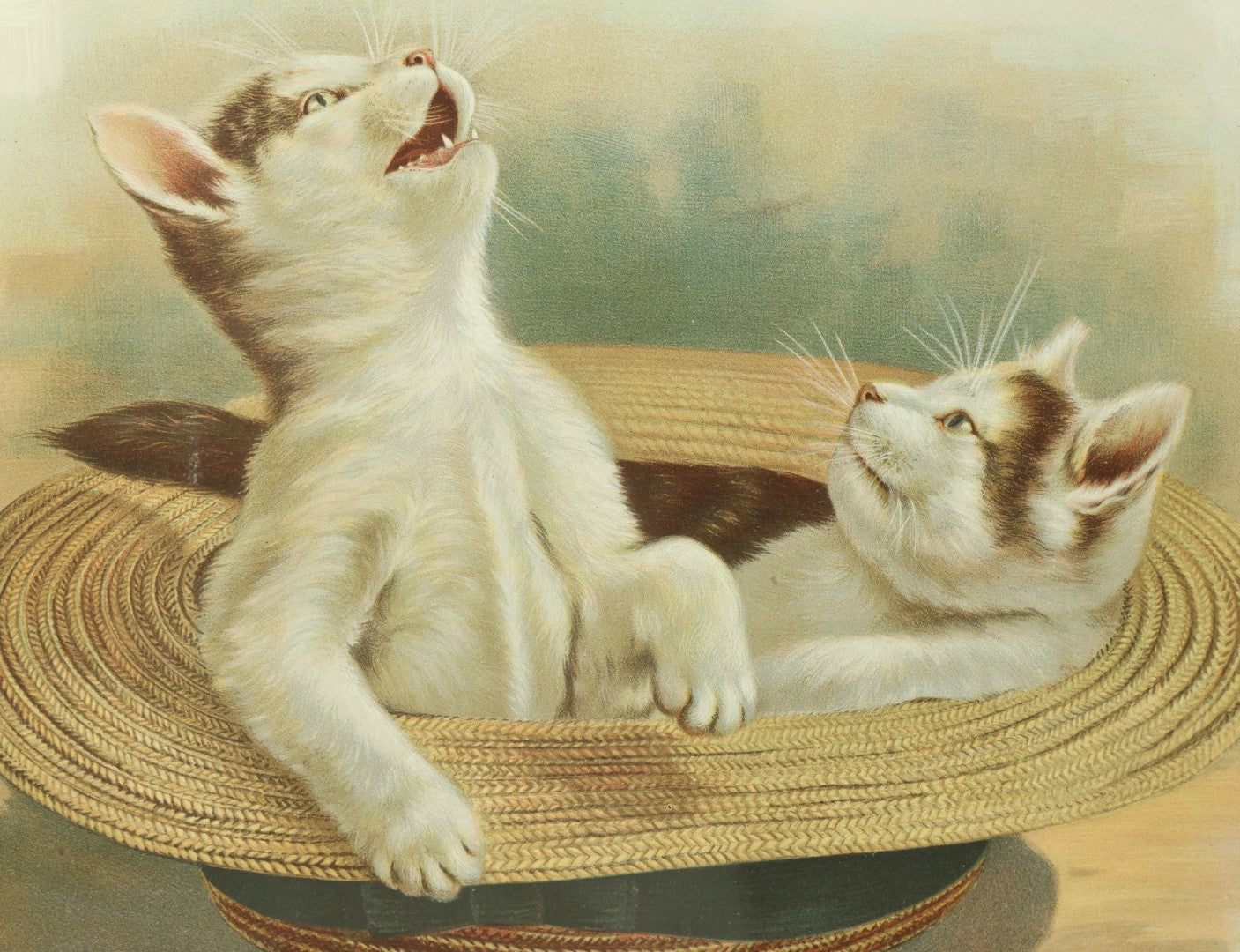 Lot 040 - Antique Chromolithograph Entitled "A Love Song" Featuring Two White Cats In A Hat, Copyright 1894 By J. Ottmann Lithograph Company, New York, 17-1/2" x 13-3/8"