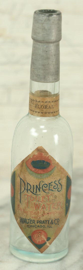 Lot 049 - Antique Princess Toilet Water Glass Bottle With Paper Label, Walter Pratt & Co., Chicago, Illinois, Floral Scent