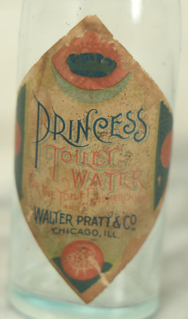 Lot 049 - Antique Princess Toilet Water Glass Bottle With Paper Label, Walter Pratt & Co., Chicago, Illinois, Floral Scent