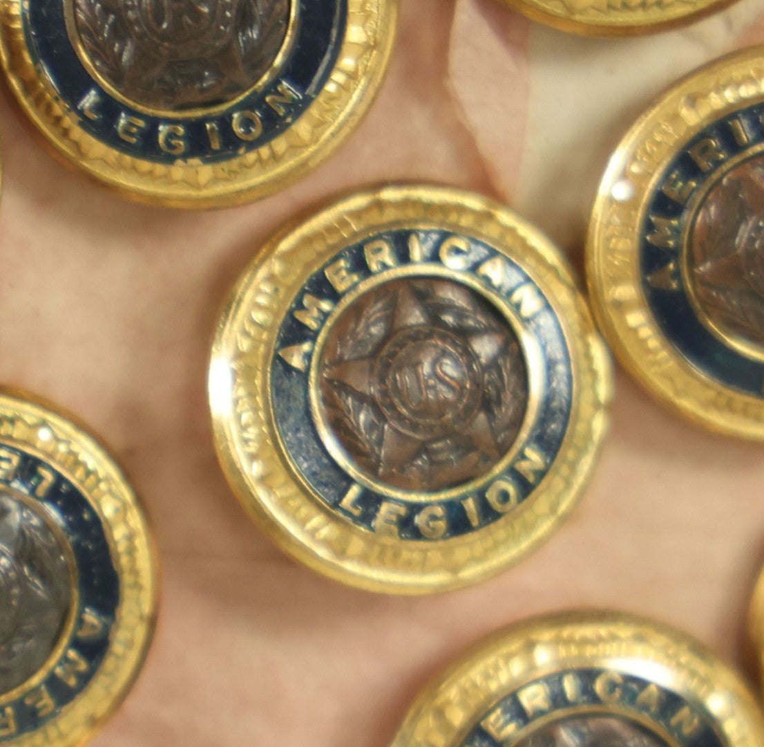 Lot 051 - Grouping Of 24 Vintage American Legion Brass Buttons, With Star Crest, United States, On Card, As Found