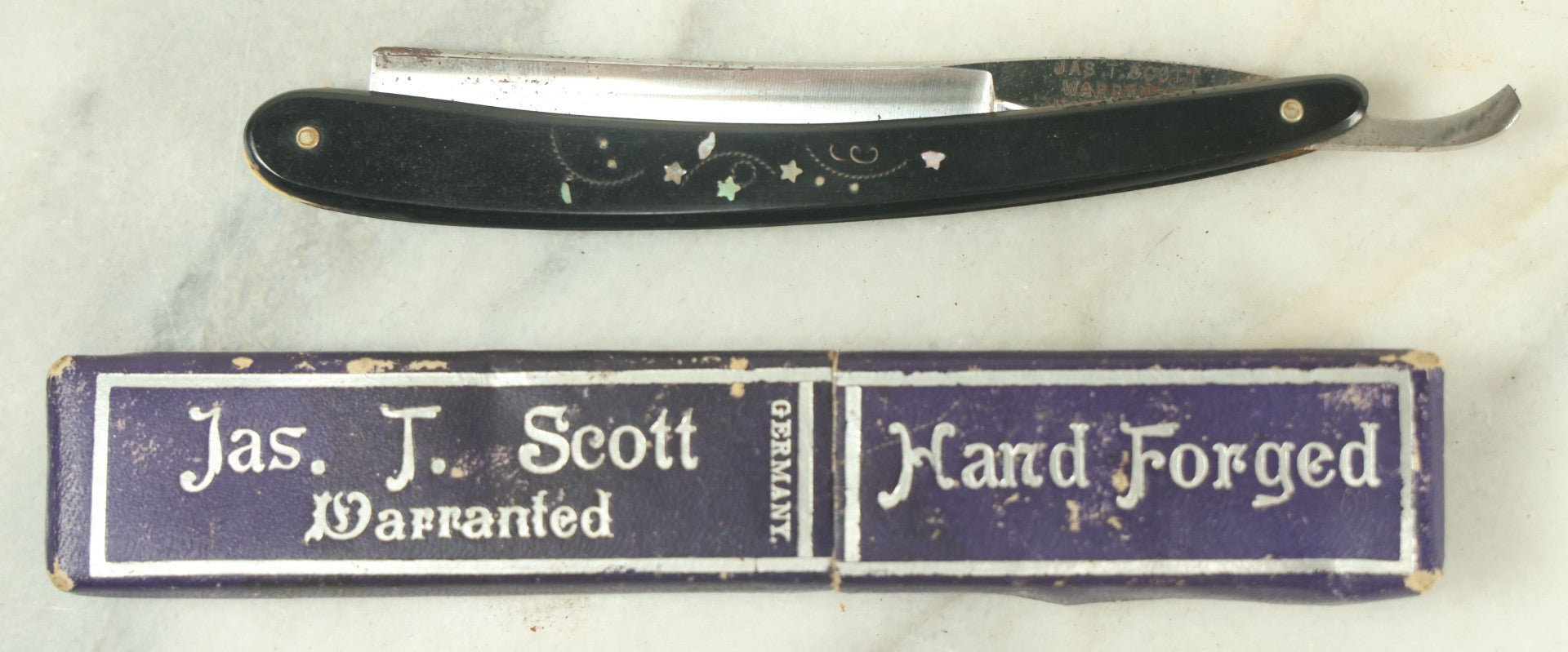 Lot 053 - Antique Jas. T. Scott Hand Forged German Straight Shaving Razor With Mother Of Pearl Star Design Motif