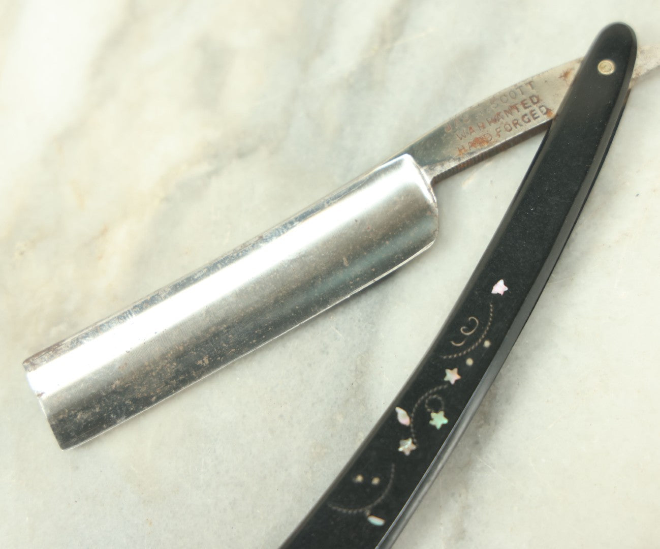 Lot 053 - Antique Jas. T. Scott Hand Forged German Straight Shaving Razor With Mother Of Pearl Star Design Motif