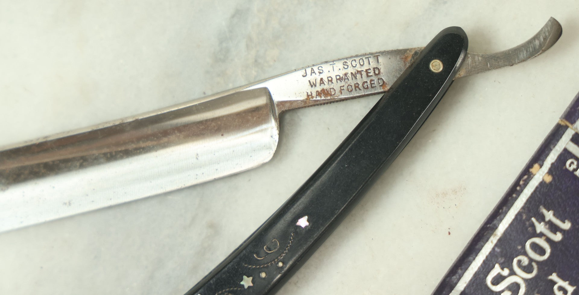 Lot 053 - Antique Jas. T. Scott Hand Forged German Straight Shaving Razor With Mother Of Pearl Star Design Motif