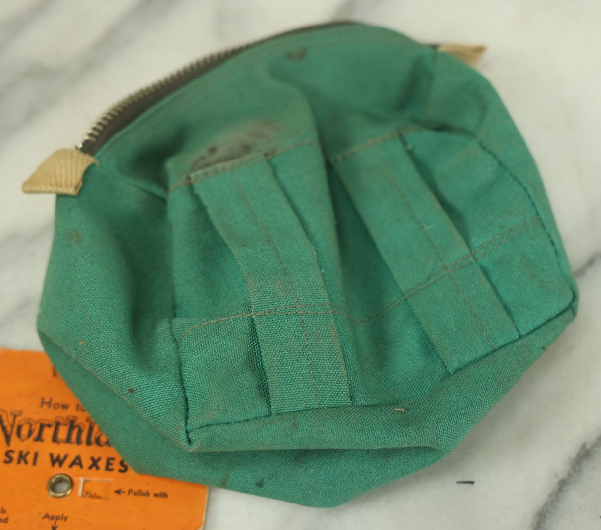 Lot 058 - Vintage Seafoam Green Zippered Belt Pouch With Northland Hi-Speed Ski Wax Items, As Found