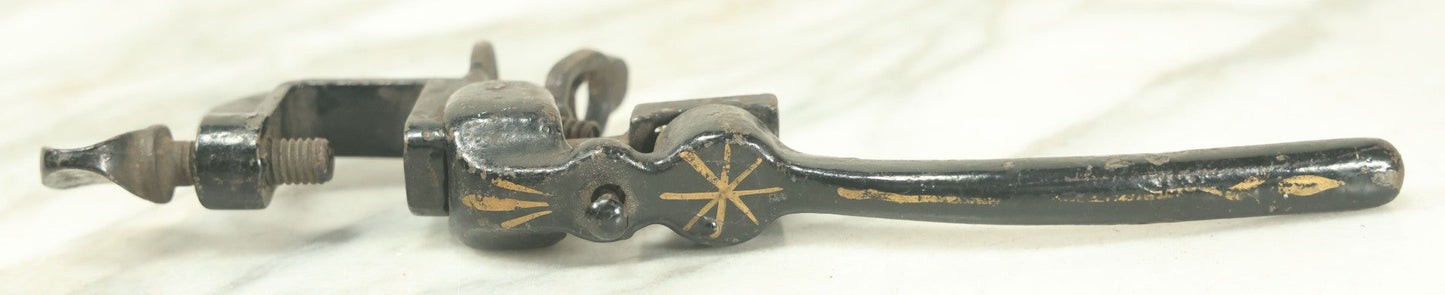 Lot 060 - Antique Cast Iron Leatherworking Or Bookbinding Bench Clamp Tool With Small Rounded Needles, Hand Painted Gold Details, Patent Applied For Stencil