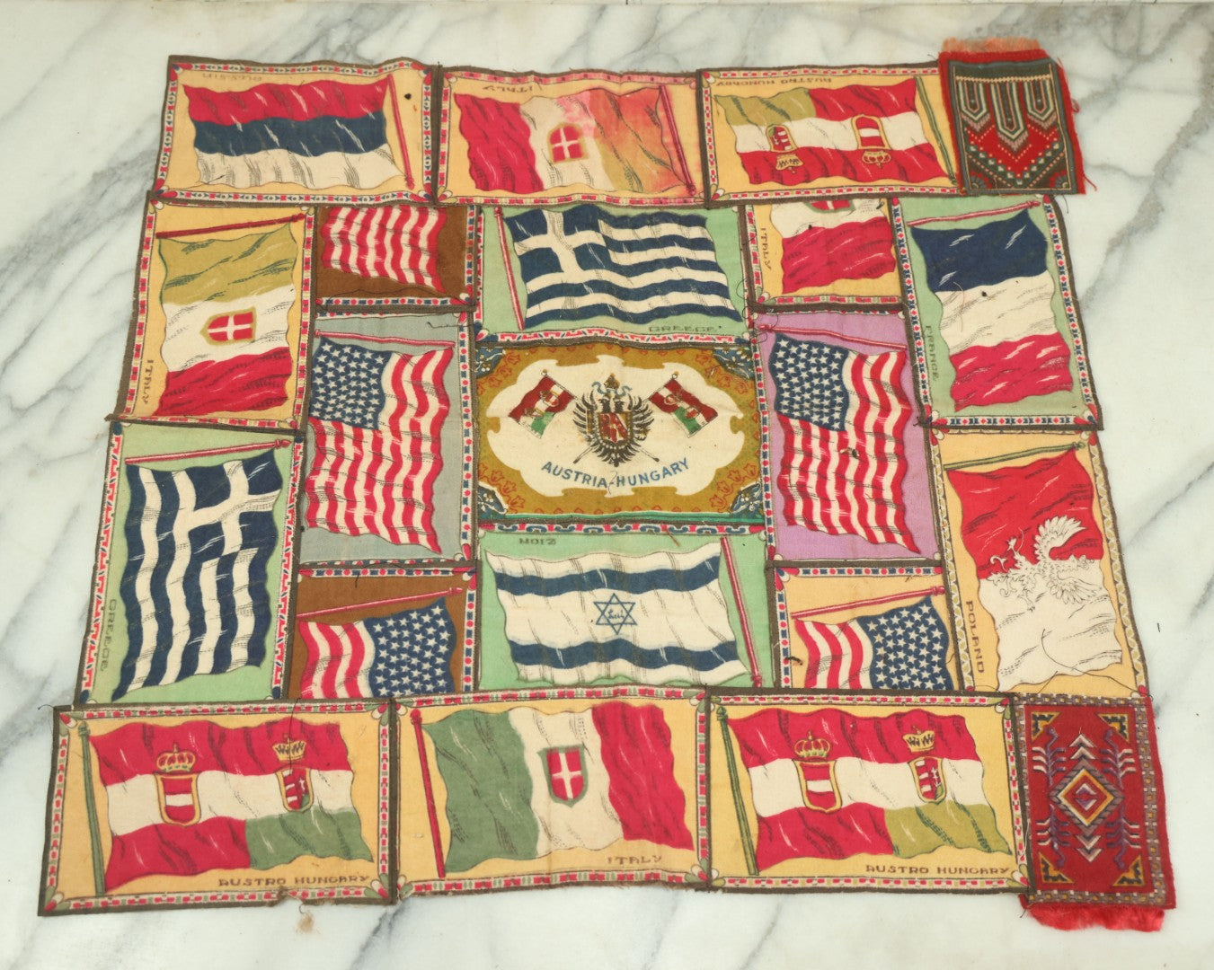 Lot 062 - Antique Tobacco Felt Sewn Quilt With Flags From Many Countries Including The United States, Austria Hungary, Poland, Italy, France, Russie, Etc, As Found