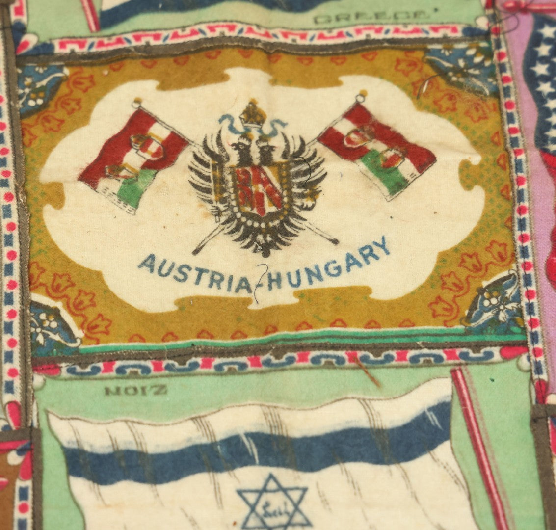 Lot 062 - Antique Tobacco Felt Sewn Quilt With Flags From Many Countries Including The United States, Austria Hungary, Poland, Italy, France, Russie, Etc, As Found