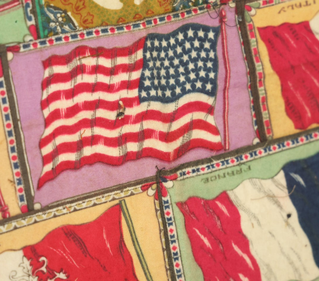 Lot 062 - Antique Tobacco Felt Sewn Quilt With Flags From Many Countries Including The United States, Austria Hungary, Poland, Italy, France, Russie, Etc, As Found