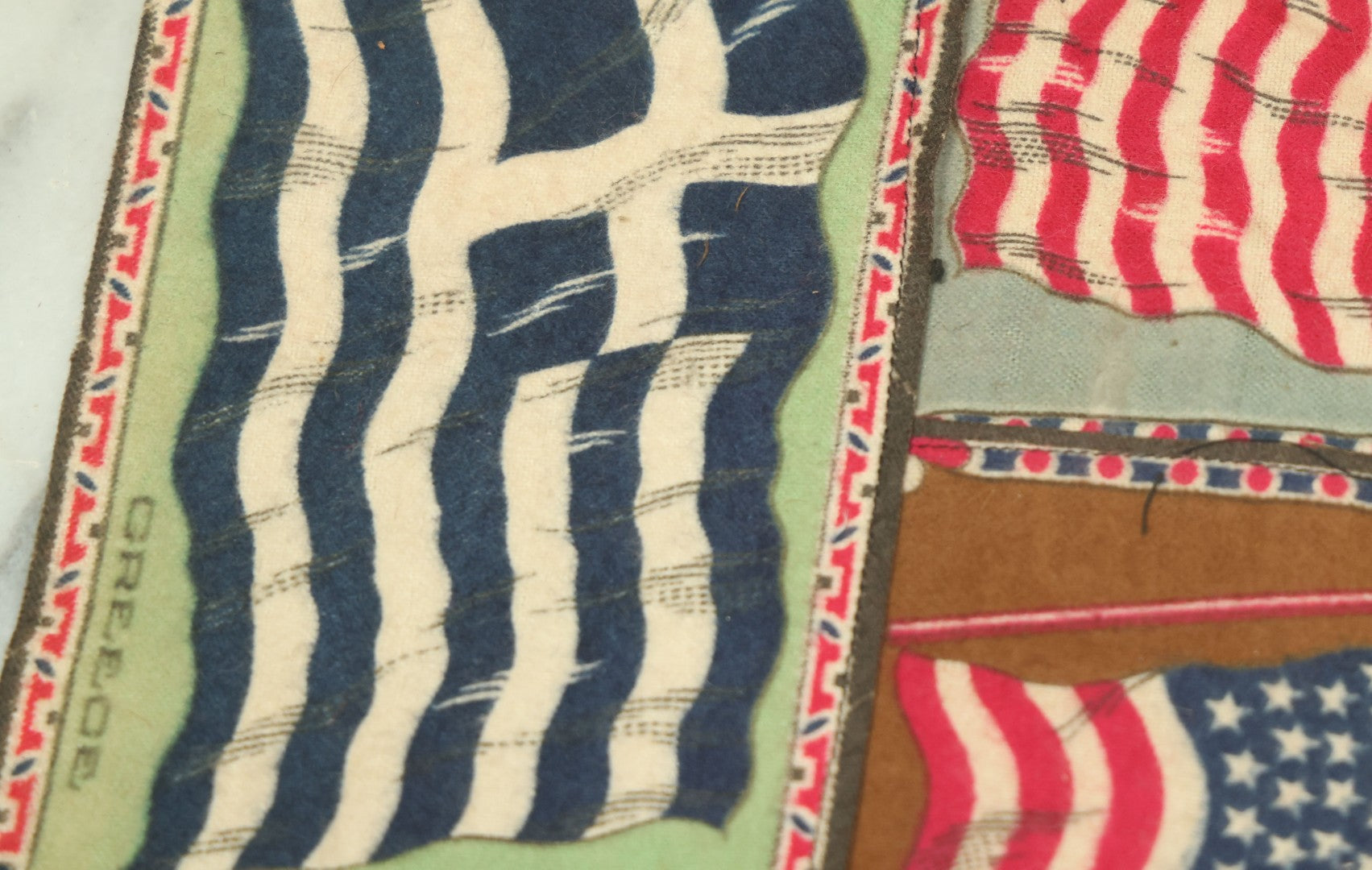 Lot 062 - Antique Tobacco Felt Sewn Quilt With Flags From Many Countries Including The United States, Austria Hungary, Poland, Italy, France, Russie, Etc, As Found