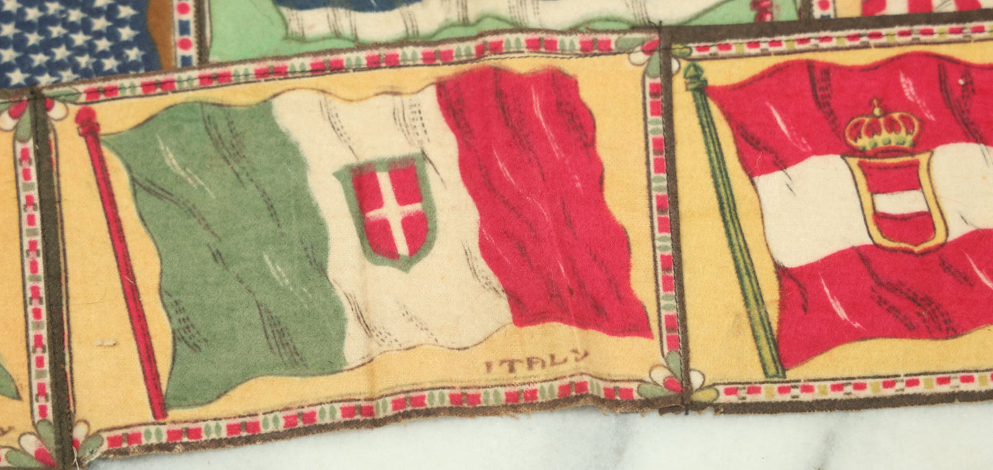 Lot 062 - Antique Tobacco Felt Sewn Quilt With Flags From Many Countries Including The United States, Austria Hungary, Poland, Italy, France, Russie, Etc, As Found