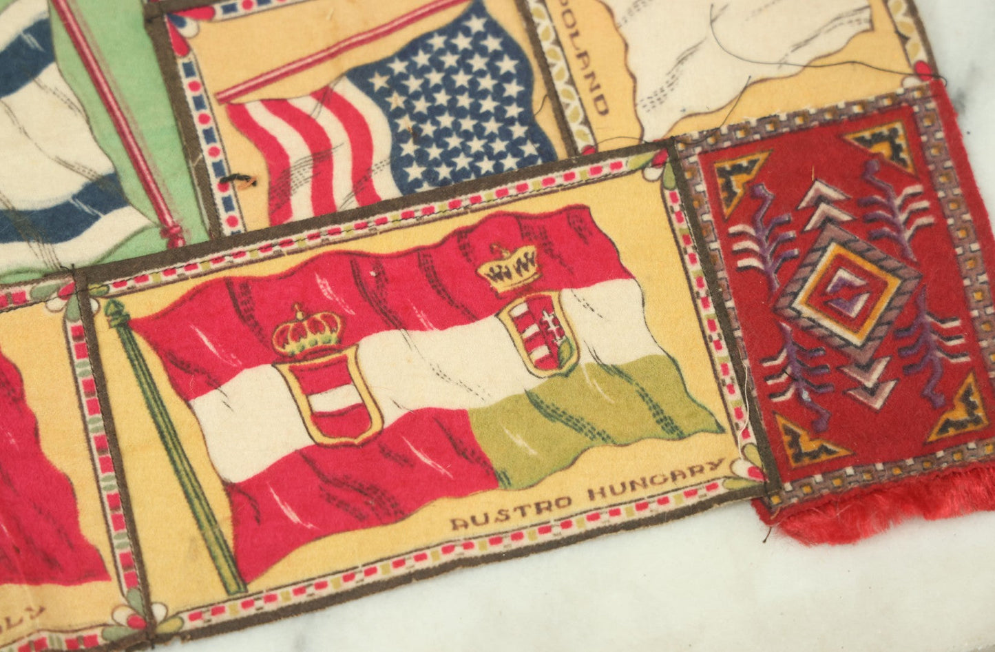 Lot 062 - Antique Tobacco Felt Sewn Quilt With Flags From Many Countries Including The United States, Austria Hungary, Poland, Italy, France, Russie, Etc, As Found