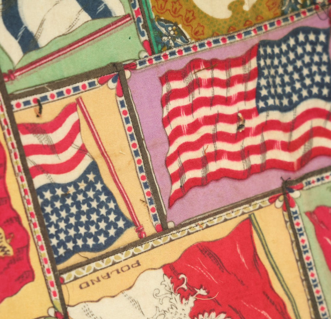 Lot 062 - Antique Tobacco Felt Sewn Quilt With Flags From Many Countries Including The United States, Austria Hungary, Poland, Italy, France, Russie, Etc, As Found