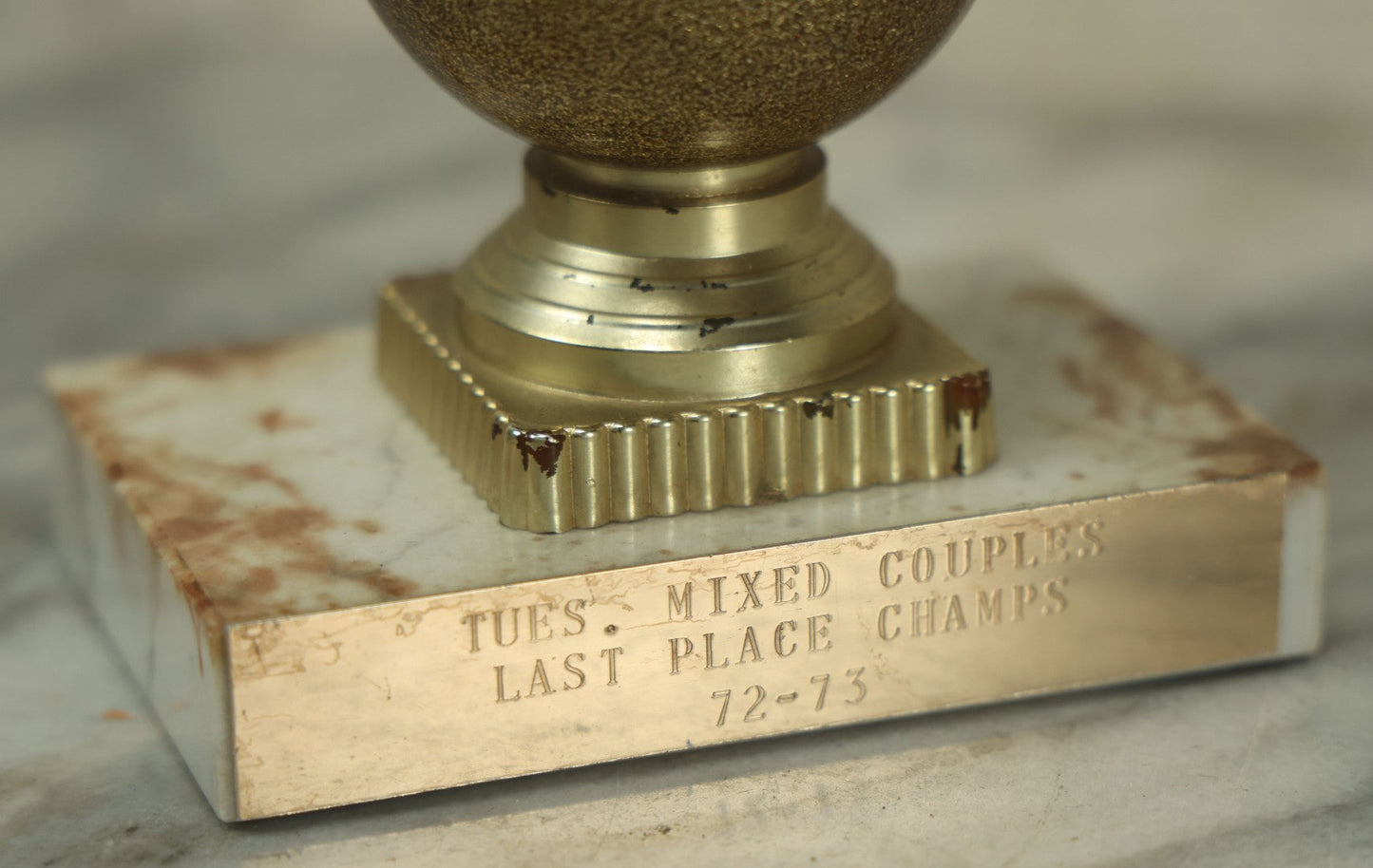 Lot 063 - Vintage Last Place Champs Mixed Couples Bowling Trophy, 1972-1973 Season