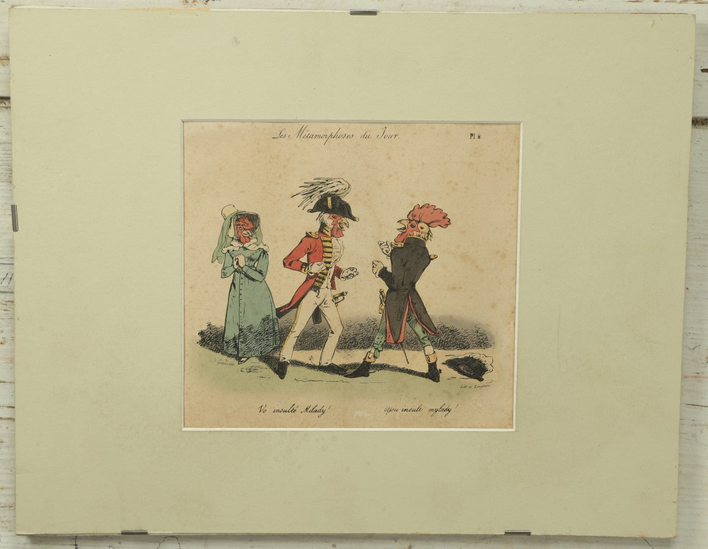 Lot 067 - "Les Métamorphoses Du Jour" Antique Hand Colored Satirical Anthropomorphic Animal Print, Plate No. 8, Chickens Fighting Over Insult, By French Artist J. Grandville (Jean Ignace Isidore Gérard), In Board And Clip Frame, 14" x 11", No Glass In Frame