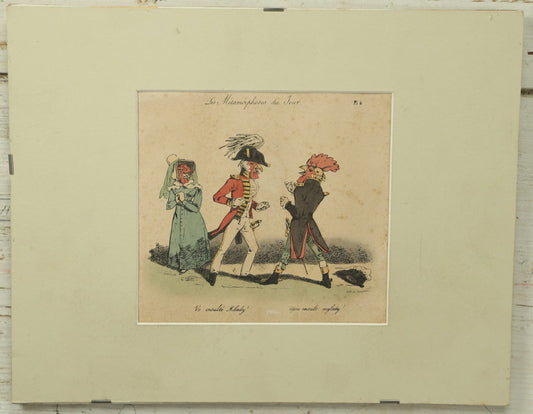 Lot 067 - "Les Métamorphoses Du Jour" Antique Hand Colored Satirical Anthropomorphic Animal Print, Plate No. 8, Chickens Fighting Over Insult, By French Artist J. Grandville (Jean Ignace Isidore Gérard), In Board And Clip Frame, 14" x 11", No Glass In Frame