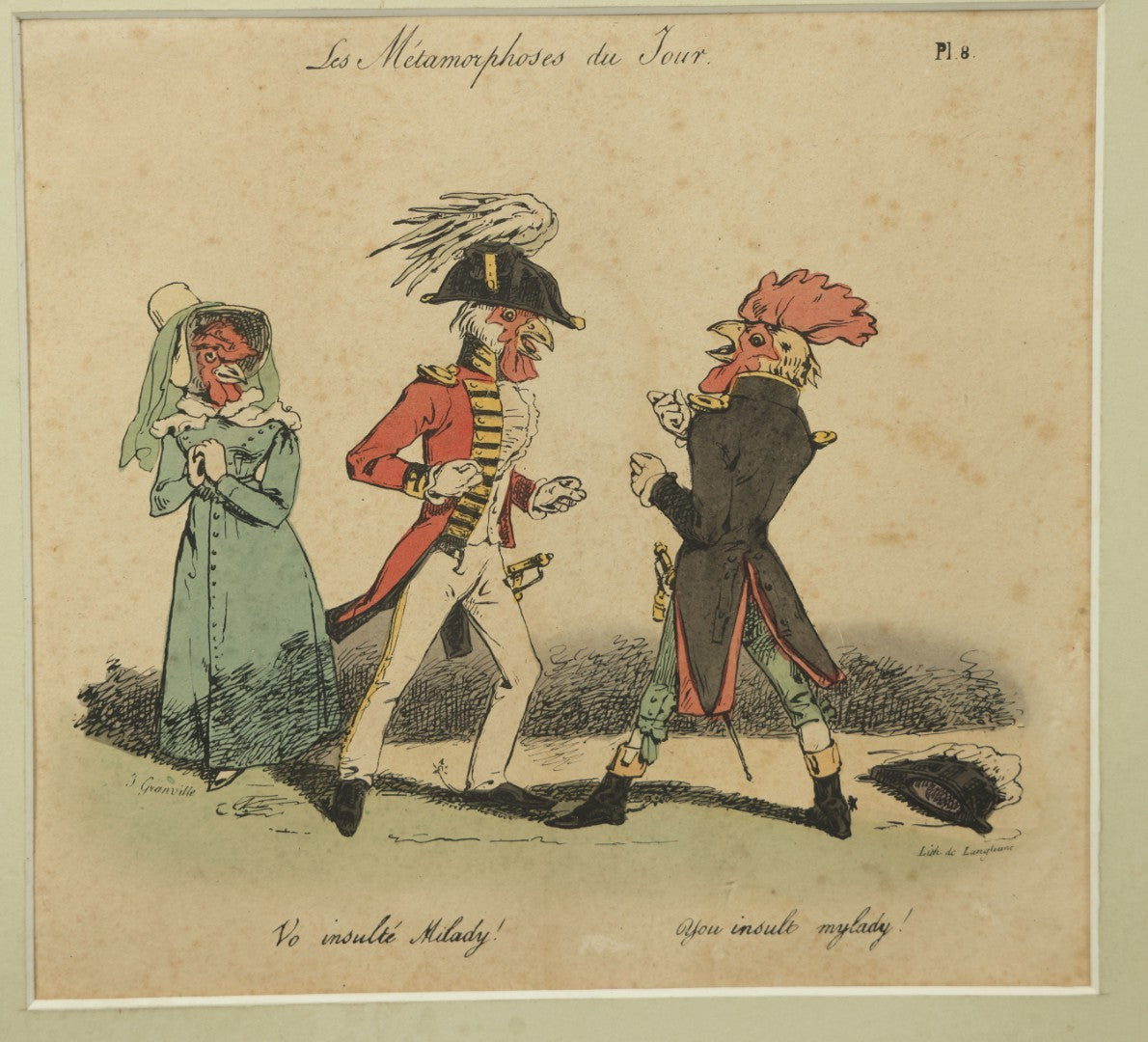 Lot 067 - "Les Métamorphoses Du Jour" Antique Hand Colored Satirical Anthropomorphic Animal Print, Plate No. 8, Chickens Fighting Over Insult, By French Artist J. Grandville (Jean Ignace Isidore Gérard), In Board And Clip Frame, 14" x 11", No Glass In Frame