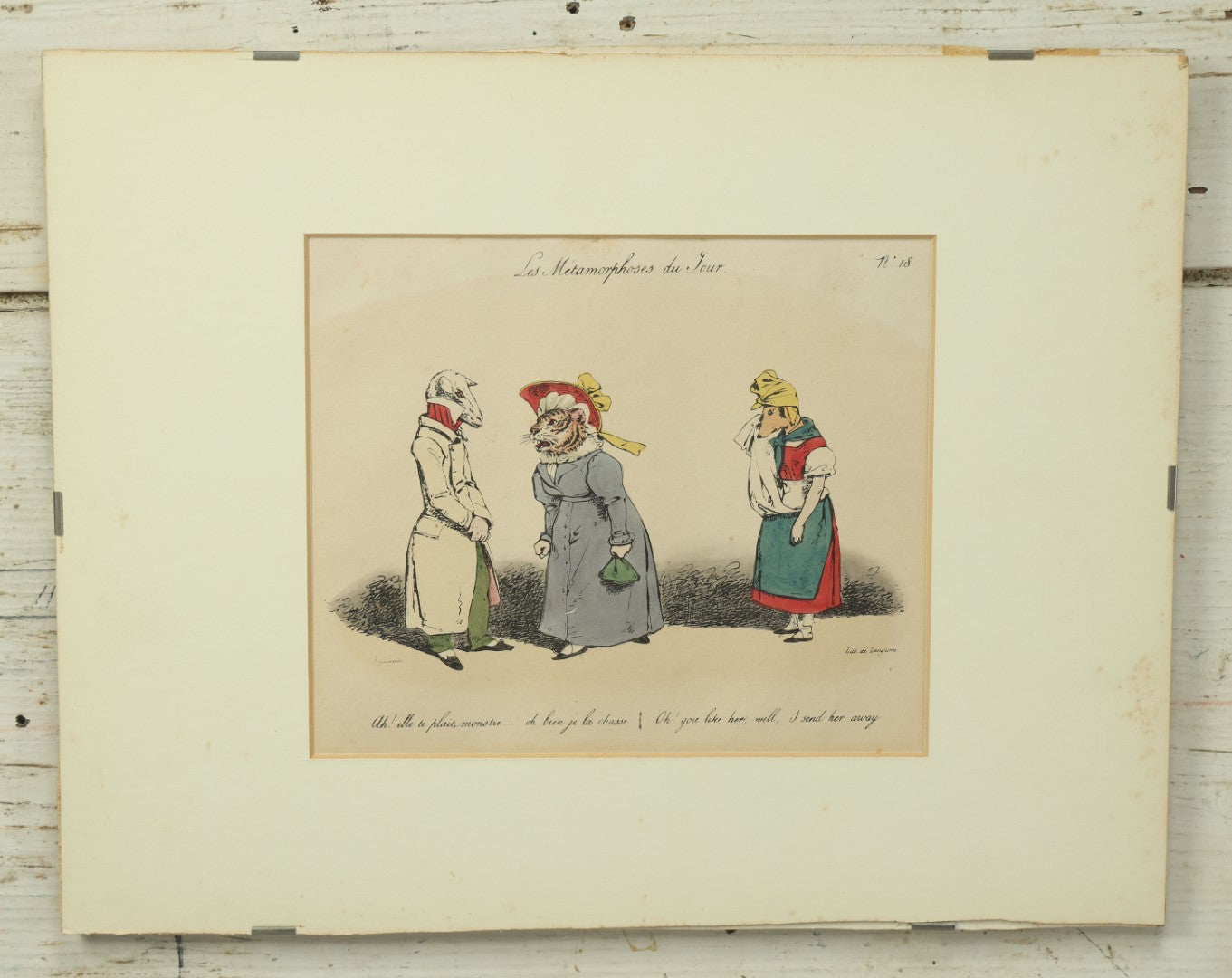 Lot 068 - "Les Métamorphoses Du Jour" Antique Hand Colored Satirical Anthropomorphic Animal Print, Plate No. 18, Tiger, Dog, And Lamb, By French Artist J. Grandville (Jean Ignace Isidore Gérard), In Board And Clip Frame, 14" x 11", No Glass In Frame