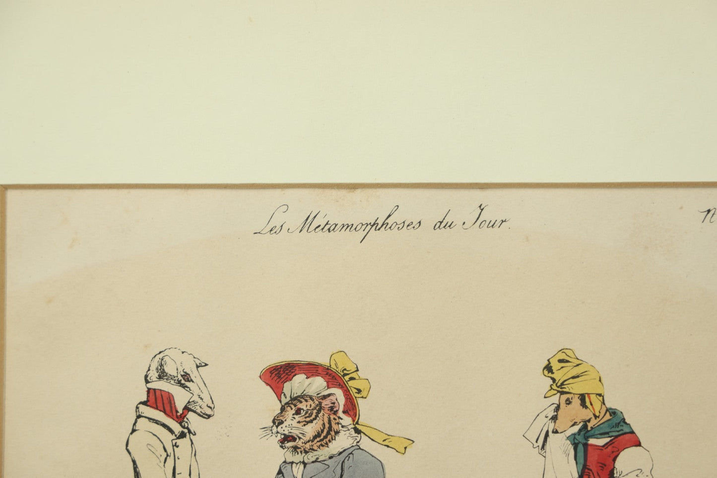 Lot 068 - "Les Métamorphoses Du Jour" Antique Hand Colored Satirical Anthropomorphic Animal Print, Plate No. 18, Tiger, Dog, And Lamb, By French Artist J. Grandville (Jean Ignace Isidore Gérard), In Board And Clip Frame, 14" x 11", No Glass In Frame