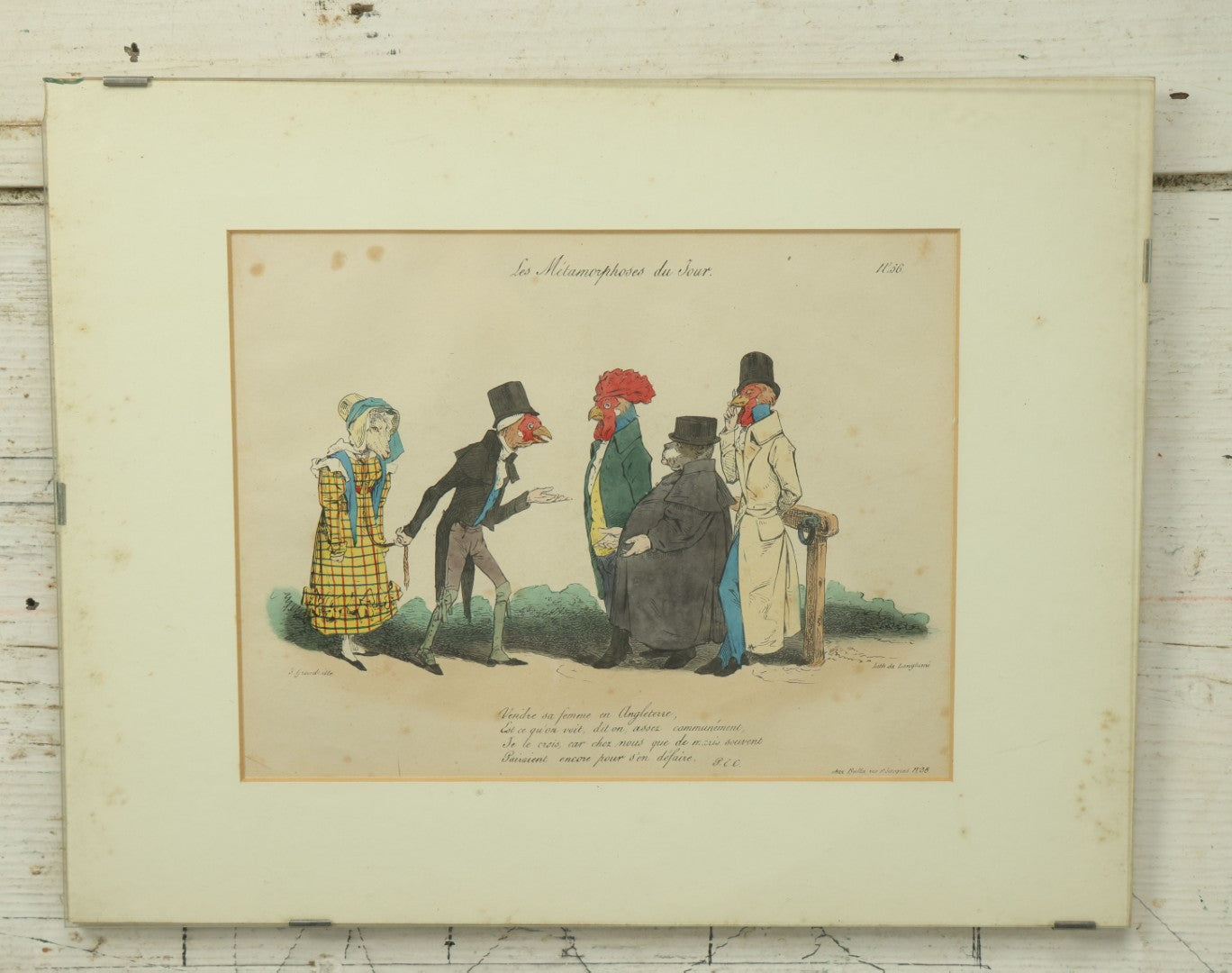 Lot 069 - "Les Métamorphoses Du Jour" Antique Hand Colored Satirical Anthropomorphic Animal Print, Plate No. 56, Chickens With Dog, Lamb, By French Artist J. Grandville (Jean Ignace Isidore Gérard), In Board And Clip Frame, 14" x 11"