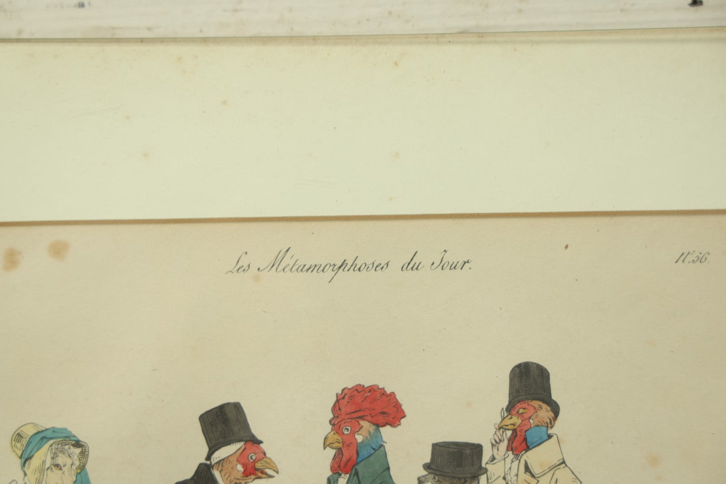 Lot 069 - "Les Métamorphoses Du Jour" Antique Hand Colored Satirical Anthropomorphic Animal Print, Plate No. 56, Chickens With Dog, Lamb, By French Artist J. Grandville (Jean Ignace Isidore Gérard), In Board And Clip Frame, 14" x 11"