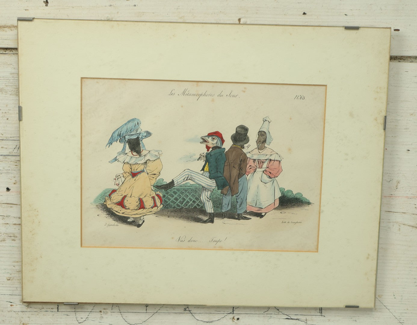 Lot 070 - "Les Métamorphoses Du Jour" Antique Hand Colored Satirical Anthropomorphic Animal Print, Plate No. 63, Fishman, And Others, By French Artist J. Grandville (Jean Ignace Isidore Gérard), In Board And Clip Frame, 14" x 11"