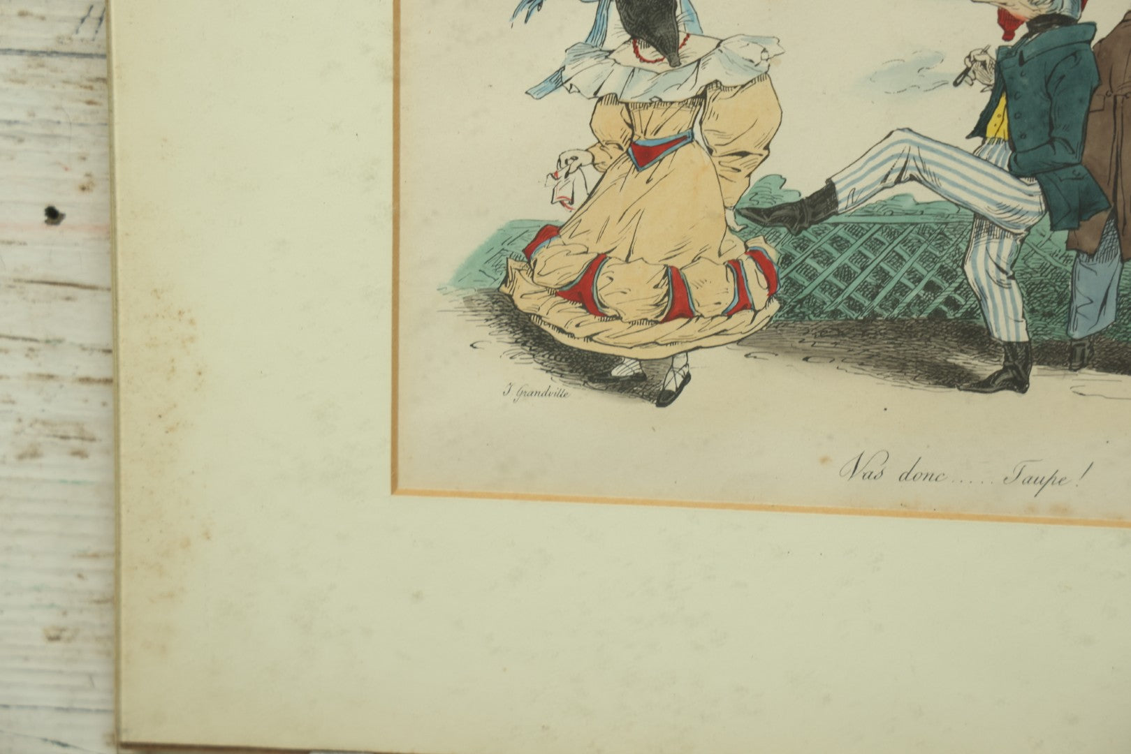 Lot 070 - "Les Métamorphoses Du Jour" Antique Hand Colored Satirical Anthropomorphic Animal Print, Plate No. 63, Fishman, And Others, By French Artist J. Grandville (Jean Ignace Isidore Gérard), In Board And Clip Frame, 14" x 11"