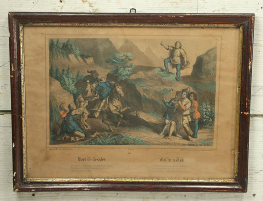 Lot 071 - Antique Hand Colored French Lithograph Depicting The Death Of Gessler At The Hand Of William Tell, Swiss Legend, Lithographed By Fr. Wentzel Of Wissembourg, 15-1/2" x 11-3/4"