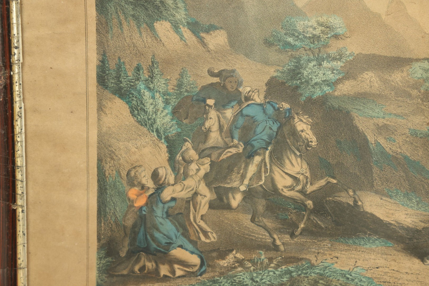 Lot 071 - Antique Hand Colored French Lithograph Depicting The Death Of Gessler At The Hand Of William Tell, Swiss Legend, Lithographed By Fr. Wentzel Of Wissembourg, 15-1/2" x 11-3/4"