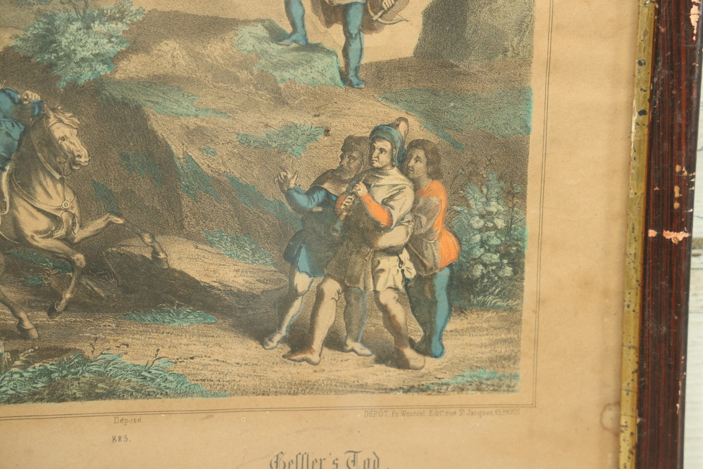 Lot 071 - Antique Hand Colored French Lithograph Depicting The Death Of Gessler At The Hand Of William Tell, Swiss Legend, Lithographed By Fr. Wentzel Of Wissembourg, 15-1/2" x 11-3/4"