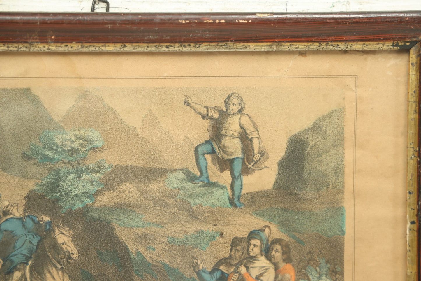 Lot 071 - Antique Hand Colored French Lithograph Depicting The Death Of Gessler At The Hand Of William Tell, Swiss Legend, Lithographed By Fr. Wentzel Of Wissembourg, 15-1/2" x 11-3/4"