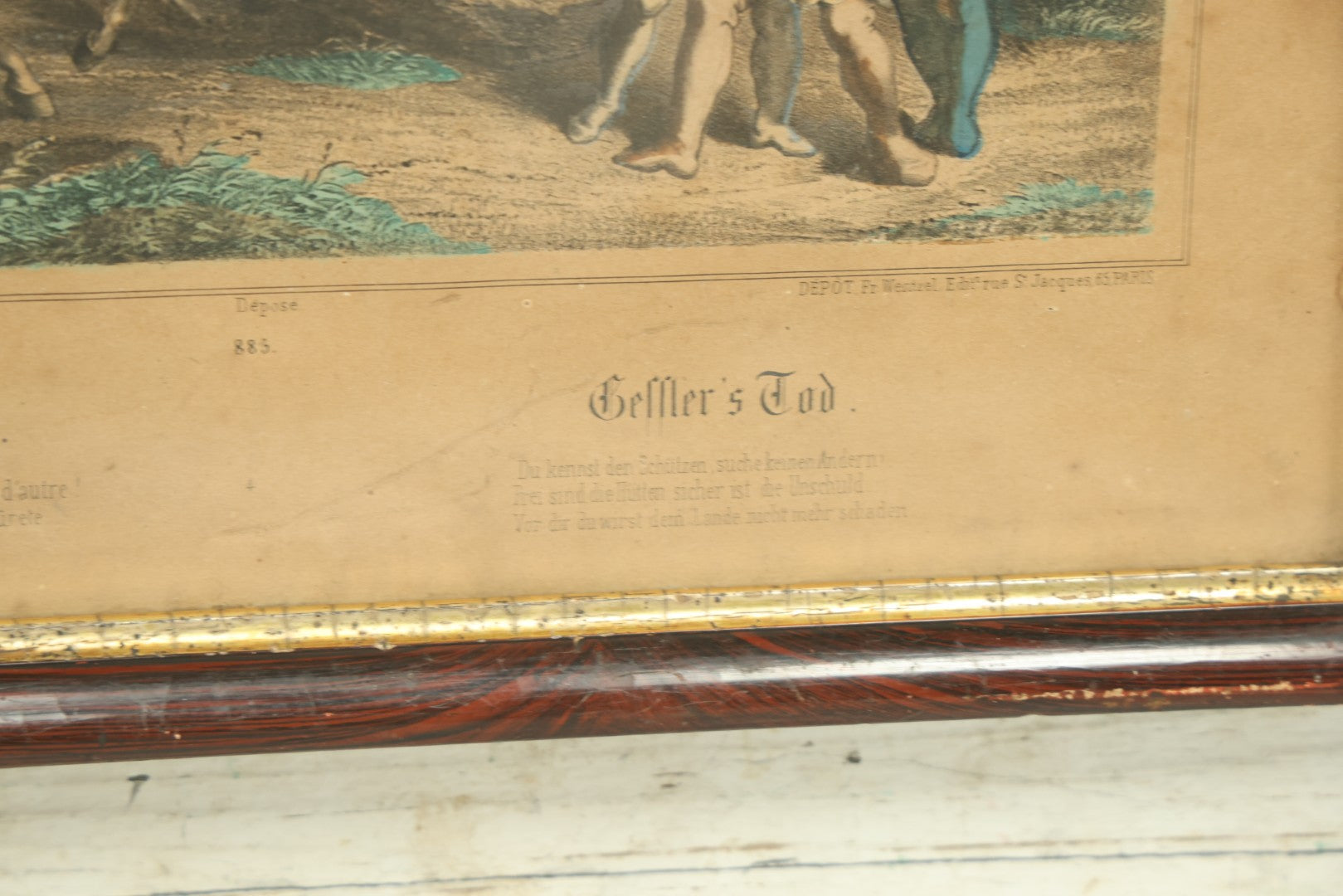 Lot 071 - Antique Hand Colored French Lithograph Depicting The Death Of Gessler At The Hand Of William Tell, Swiss Legend, Lithographed By Fr. Wentzel Of Wissembourg, 15-1/2" x 11-3/4"