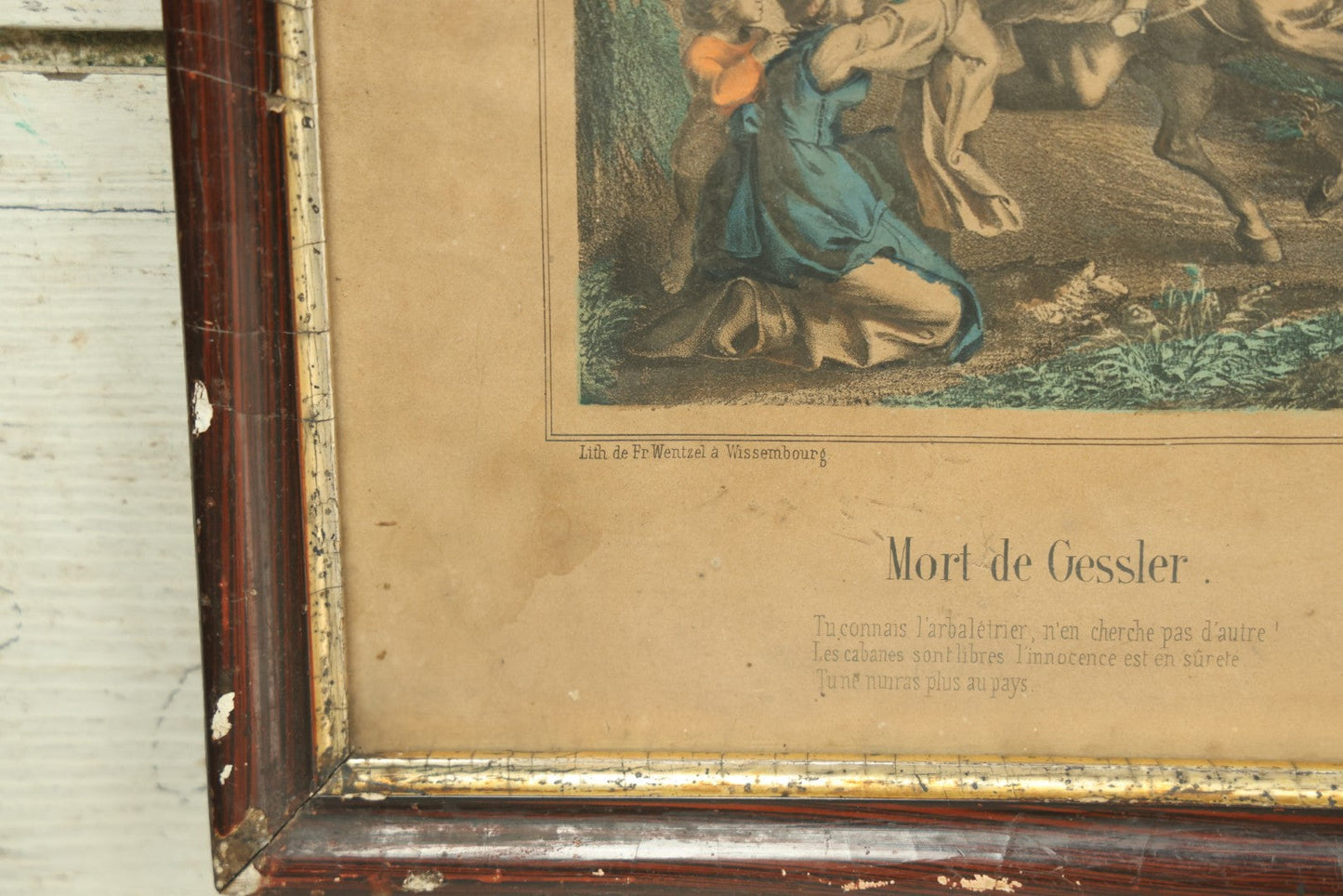 Lot 071 - Antique Hand Colored French Lithograph Depicting The Death Of Gessler At The Hand Of William Tell, Swiss Legend, Lithographed By Fr. Wentzel Of Wissembourg, 15-1/2" x 11-3/4"