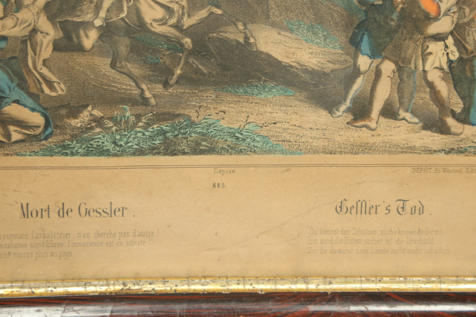 Lot 071 - Antique Hand Colored French Lithograph Depicting The Death Of Gessler At The Hand Of William Tell, Swiss Legend, Lithographed By Fr. Wentzel Of Wissembourg, 15-1/2" x 11-3/4"