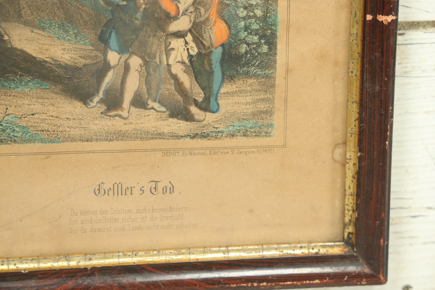 Lot 071 - Antique Hand Colored French Lithograph Depicting The Death Of Gessler At The Hand Of William Tell, Swiss Legend, Lithographed By Fr. Wentzel Of Wissembourg, 15-1/2" x 11-3/4"