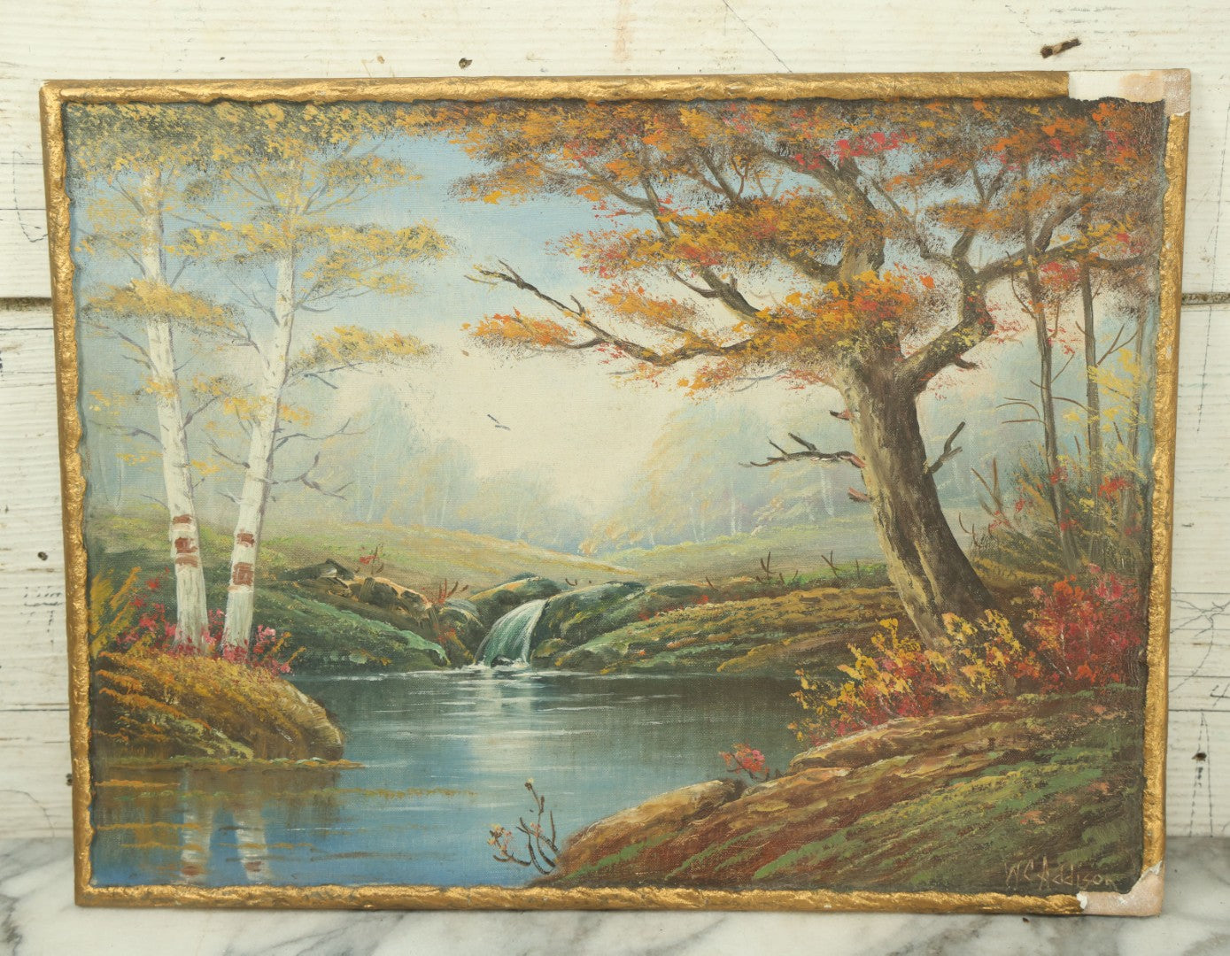 Lot 072 - Vintage Landscape Painting On Board Entitled "New England Brook" Artist Signed W. C. Addison, New England And Floridian Artist, Note Losses To Applied Gesso Border, 15-3/4" x 11-7/8"