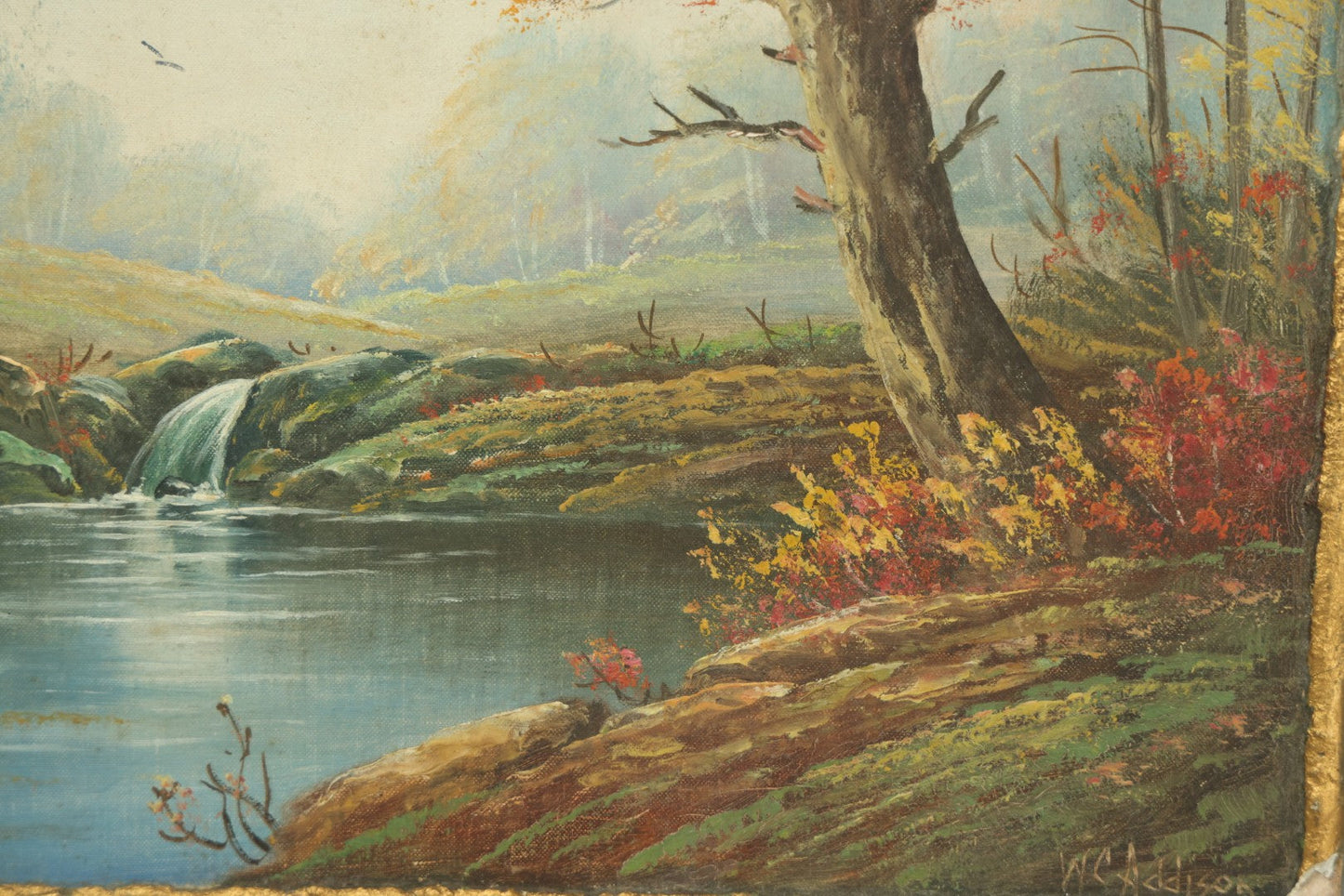 Lot 072 - Vintage Landscape Painting On Board Entitled "New England Brook" Artist Signed W. C. Addison, New England And Floridian Artist, Note Losses To Applied Gesso Border, 15-3/4" x 11-7/8"