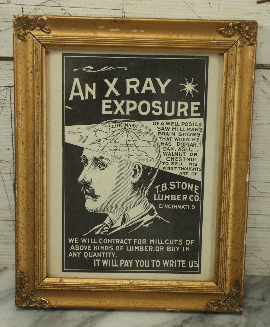 Lot 073 - Antique Framed X-Ray Motif Advertisement For T.B. Stone Lumber, Cincinnati, Ohio, With Partial Chicago Hardwood Record Magazine From Which Advertisement Came, Sold Together, Frame 10-1/2" x 8-3/8"