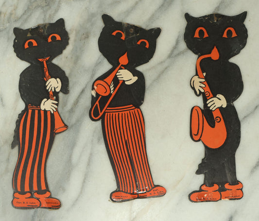 Lot 078 - Grouping Of Three Vintage Die Cut Embossed Cat Band Halloween Decorations By H.E. Luhrs, Made In U.S.A.