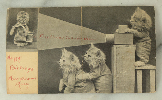 Lot 079 - Single Vintage Cat Postcard, Hand Made From Scraps, Kittens Projecting Movie, Postmarked 1936