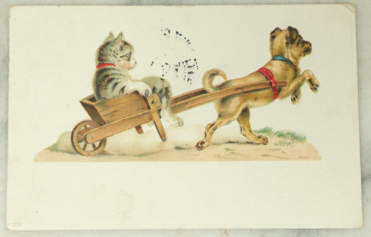 Lot 082 - Single Antique Cat Postcard, Kitten Being Pulled In Cart By Dog, Postmarked 1910