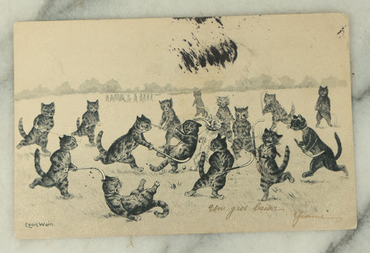 Lot 083 - Single Antique Cat Postcard, Kittens Playing Field Hockey, Illustrated By Louis Wain