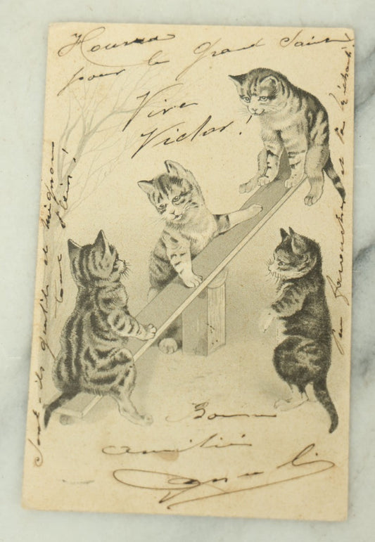 Lot 085 - Single Antique Cat Postcard, Four Kittens Playing On Seesaw