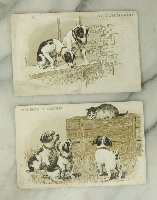 Lot 087 - Pair Of Antique French Trade Cards For Au Bon Marché," One Of The First Department Stores In Paris, With Lithographed Cats And Dogs