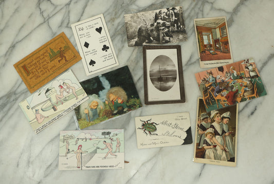 Lot 089 - Grouping Of Eleven Vintage And Antique Postcards And Trade Cards, Including Trade Card With Insect, Orphan Girls, Illustrated Nudist Comic Postcards, And More