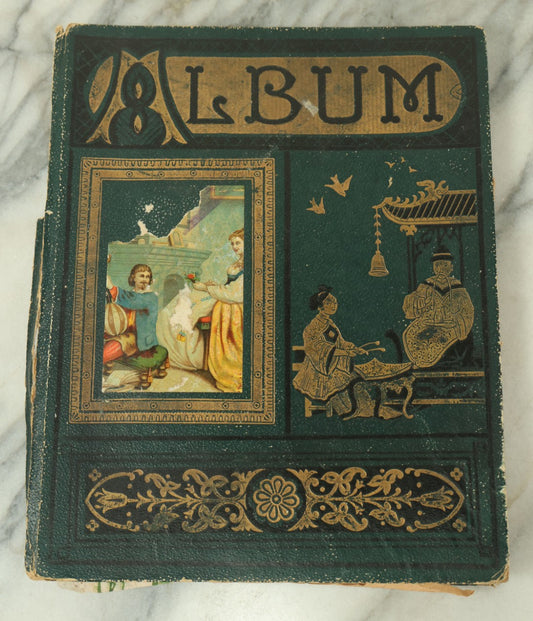 Lot 091 - Antique Victorian Scrapbook Album Featuring Many Lithographed Trade Cards, With Green Cover With Chinese Motif, As Found, Note Wear And Tear