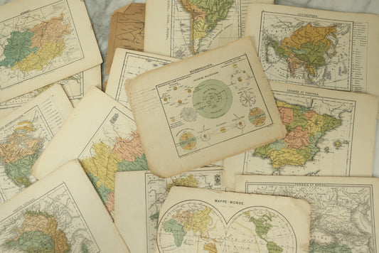 Lot 096 - Grouping Of 10+ Pages From An Antique French Atlas, Including A Diagram Of The Solar System, Maps Of Europe, The America's, Etc.