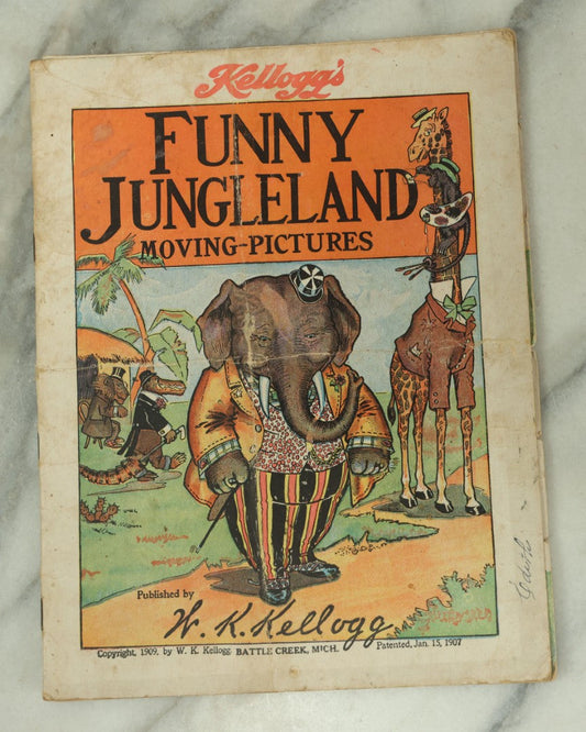 Lot 097 - Antique Kellogg's Cereal Advertising Book, "Funny Jungleland Moving Pictures" With Anthropomorphic Animals, Pages Flip To Mix And Match Heads, Outfits, Bodies, Copyright 1909 By W.K. Kellogg, Battle Creek, Michigan